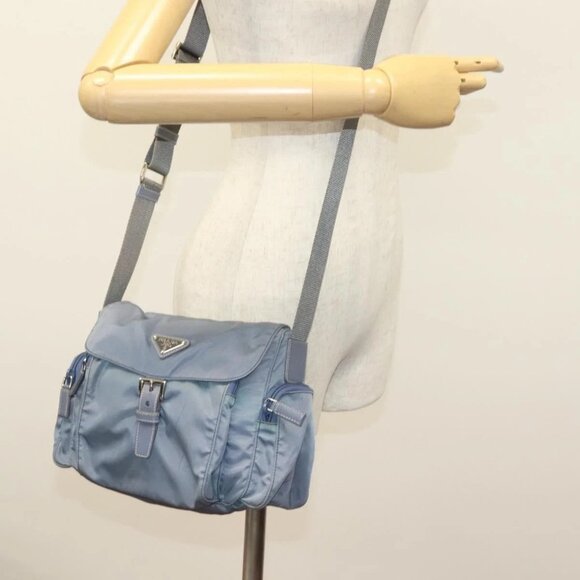 PRADA Shoulder Bag Nylon Blue Silver Auth - Picture 1 of 16